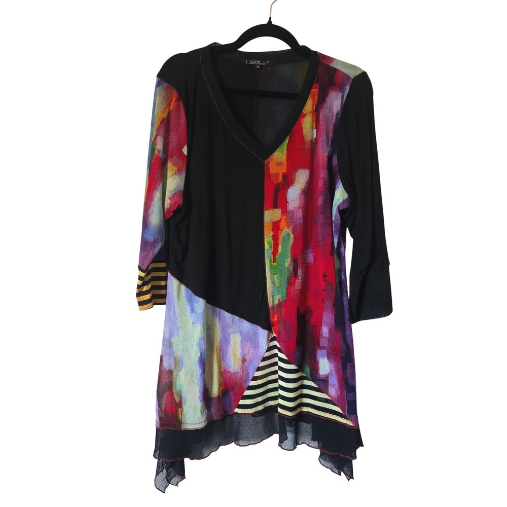 LIOR Paris Womens XL Tunic Top Black ART TO WEAR Abstract Mesh Sharkbite Hem